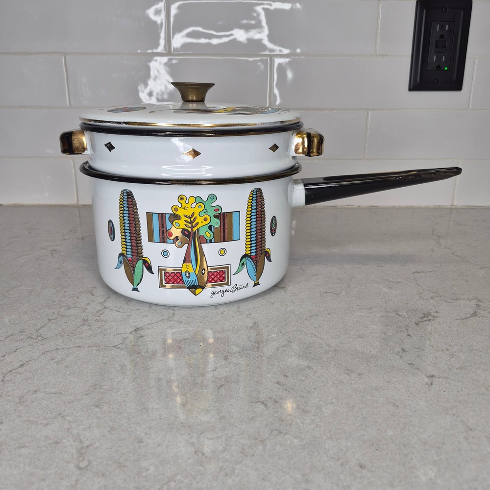 Vintage Georges Briard Enamel Pot MCM Green Garden Pattern Corn
